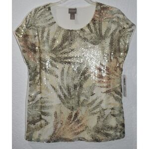 Chicos Sequin Top Size 0/Small Cap Dolman Sleeve Batik Palms Shimmer Resort NEW